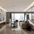 Modern Living Dining Room Interior With Light Sofa Black Coffee Table And Marble TV Wall