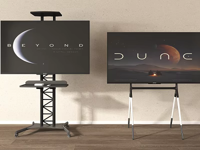 Two TVs Displaying BEYOND DUNE on Black Metal White Stands Against Light Wall Wooden Floor 3d model