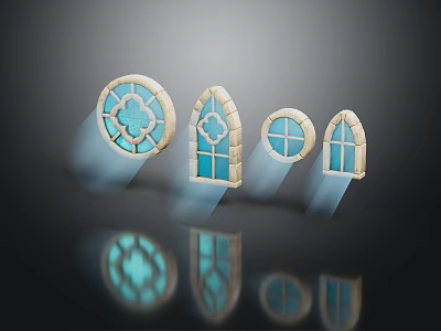 Various Shaped Casement Windows With Blue Glass And Stone Frames Reflections 3d model