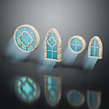Various Shaped Casement Windows With Blue Glass And Stone Frames Reflections 3d model