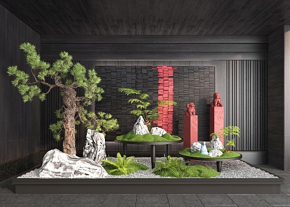 New Chinese Style Indoor Landscape Landscaping Wall Picture Scroll Moss Plant Lamp Shrub Gravel Water Reed 3d model