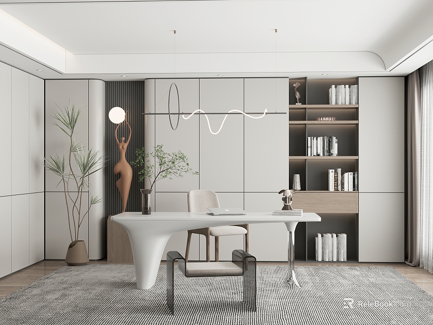 Modern Study Room Interior With White Bookshelves Desk Chair Green Plants And Decorations 3d model 