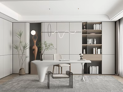 Modern Study Room Interior With White Bookshelves Desk Chair Green Plants And Decorations 3d model