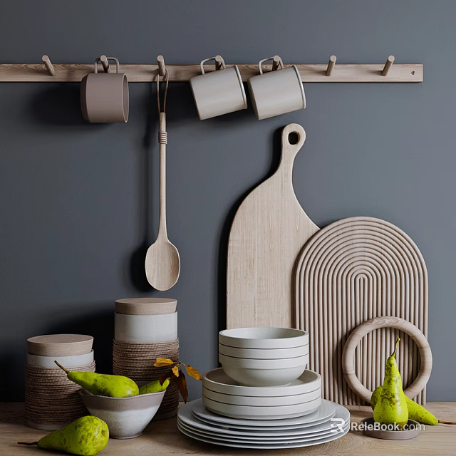 Stylish Kitchenware Display With Hanging Mugs Wooden Spoon Chopping Boards Jars And Bowls 3d model 