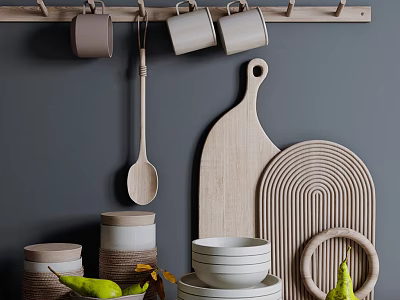 Stylish Kitchenware Display With Hanging Mugs Wooden Spoon Chopping Boards Jars And Bowls 3d model