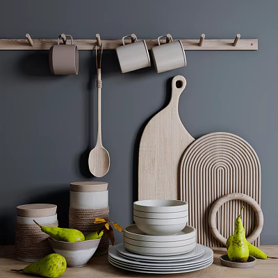 Stylish Kitchenware Display With Hanging Mugs Wooden Spoon Chopping Boards Jars And Bowls 3d model