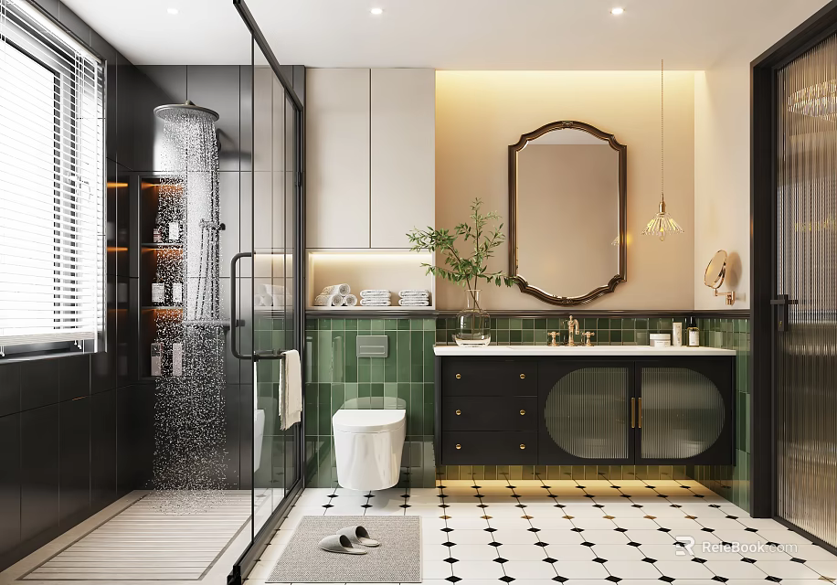 Modern Bathroom Interior With Glass Shower Toilet Black Vanity Round Mirror And Green Tiles 3d model 