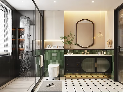 Modern Bathroom Interior With Glass Shower Toilet Black Vanity Round Mirror And Green Tiles 3d model