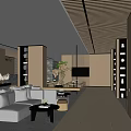Modern Casual Lounge Area Interior Design With Gray Sofas Wooden Bookshelves And Green Plants
