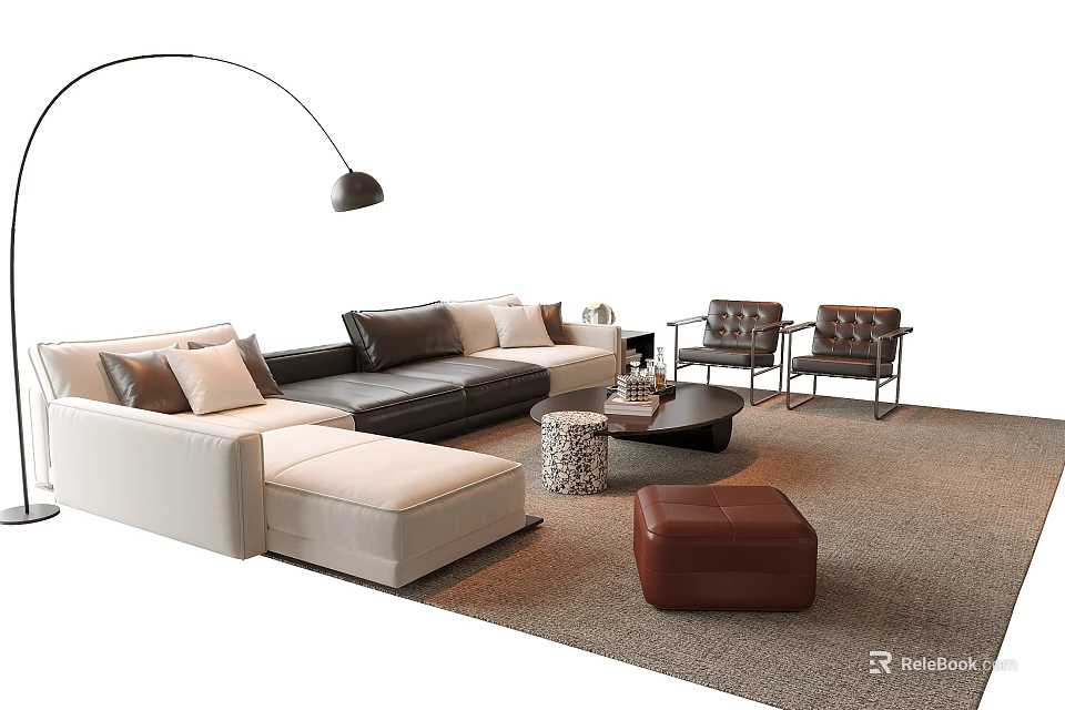 Modern L Shaped Sofa And Coffee Table Set With Accent Chairs Ottoman And Floor Lamp 3d model 