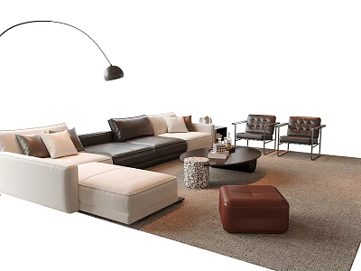Modern L Shaped Sofa And Coffee Table Set With Accent Chairs Ottoman And Floor Lamp 3d model