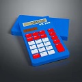 Blue Desktop Calculator With Red And White Keys And Digital Display Screen