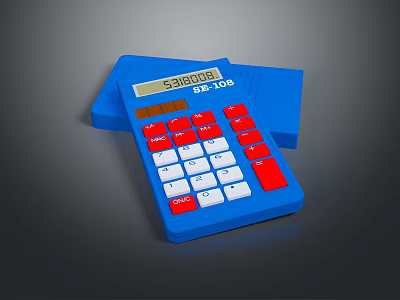 Blue Desktop Calculator With Red And White Keys And Digital Display Screen 3d model