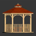 Detailed Wooden Octagonal Gazebo With Red Tiled Roof And Interior Table Chairs