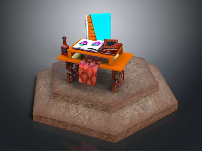 Orange Table On Hexagonal Stone Pedestal With Bottle Plates And Red Cloth 3d model