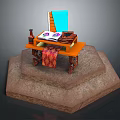 Orange Table On Hexagonal Stone Pedestal With Bottle Plates And Red Cloth