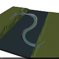 Curved Landscape Bridge With Colored Walkways Over Water And Lush Trees