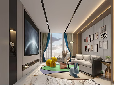 Elegant Modern Hotel Guest Room With Comfortable Sofa Large TV Decorative Paintings And Green Plants 3d model