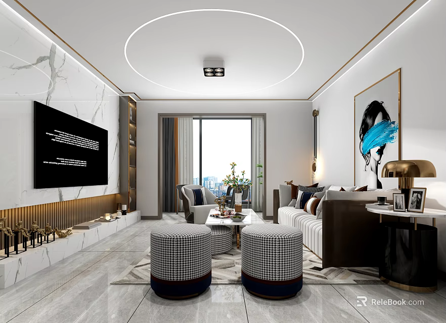 Modern Living Dining Room Interior Design With Marble Wall Round Ceiling Light And Sofa 3d model 