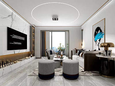 Modern Living Dining Room Interior Design With Marble Wall Round Ceiling Light And Sofa 3d model
