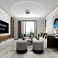 Modern Living Dining Room Interior Design With Marble Wall Round Ceiling Light And Sofa