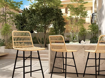 Stylish Outdoor Table with Woven Rattan Bar Stools and Stone Countertop in Garden Setting 3d model