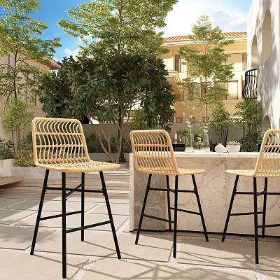 Stylish Outdoor Table with Woven Rattan Bar Stools and Stone Countertop in Garden Setting 3d model