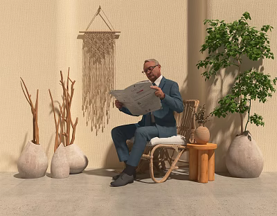 Man In Suit Sitting On Chair Reading Newspaper With Macrame Hanging Dried Branches And Plants 3d model