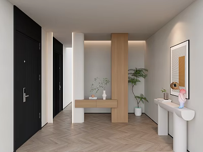 Minimalist Foyer Hallway Design With Wooden Partition Green Plants And Artworks 3d model
