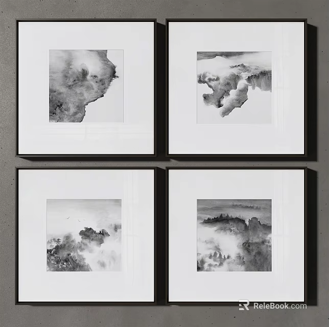 Four Black Framed Ink Paintings With White Mats For Wall Decor 3d model 