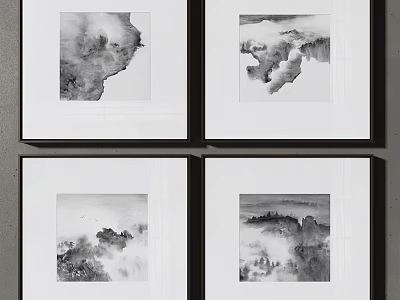 Four Black Framed Ink Paintings With White Mats For Wall Decor 3d model