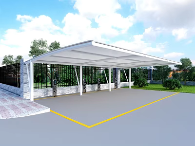 White Canopy for Outdoor Parking Area with Black Fence Yellow Lines Blue Sky and Trees 3d model