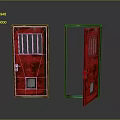 Two Red Doors With Metal Bars One Closed And One Open With Small Panel 3d model