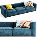 Modern Blue Three Seater Soft Velvet Sofa With Colorful Patterned Pillows 3d model