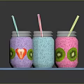 Colorful Fruit Mason Jar Drinks with Strawberry Kiwi Slices and Straws on Blue Tray