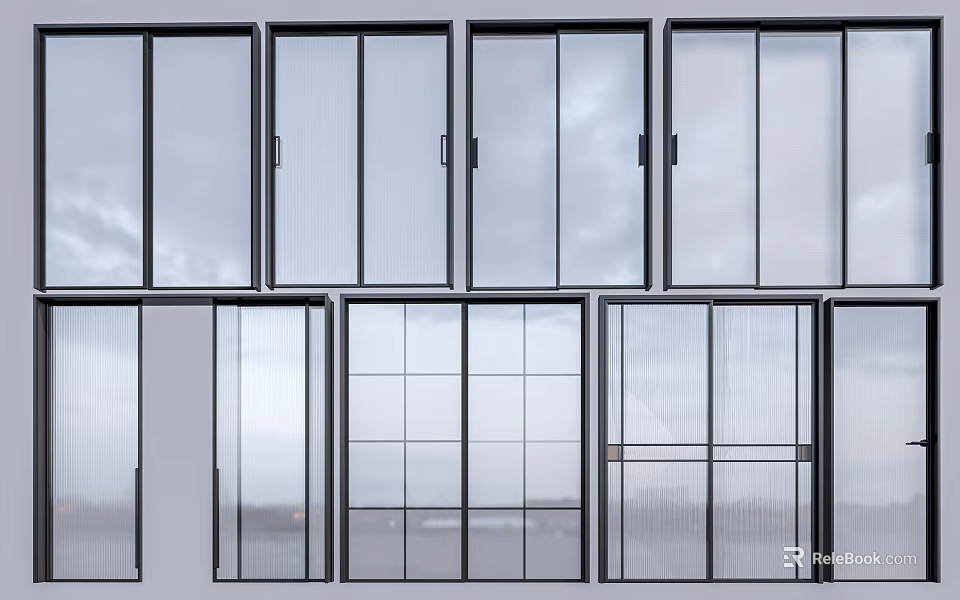 Modern Sliding Door Designs Featuring Glass Panels and Black Frames 3d model