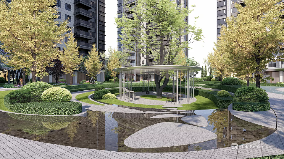 Lush Green Residential Landscape With High Rise Buildings Pavilion Pond And Pathways 3d model 