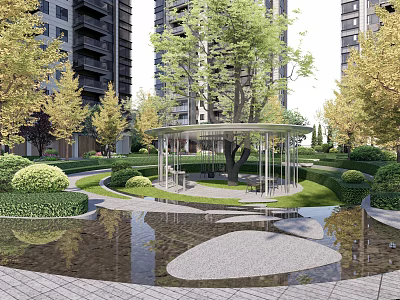 Lush Green Residential Landscape With High Rise Buildings Pavilion Pond And Pathways 3d model