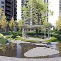 Lush Green Residential Landscape With High Rise Buildings Pavilion Pond And Pathways