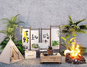 Outdoor camping American Chen storage box table and chair net red punch card hanging cloth atmosphere flag plant combination 3d model