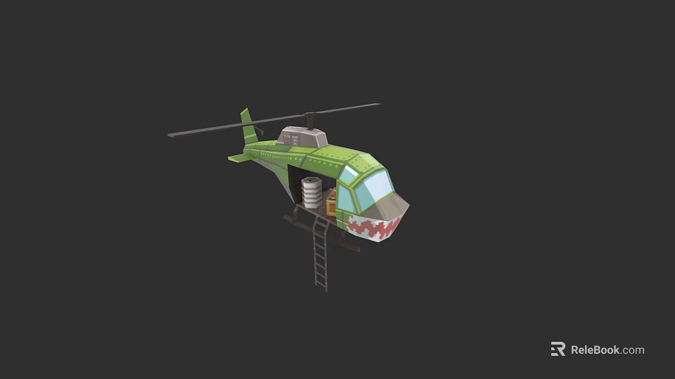 Green Helicopter With Rotors Ladder And Shark Mouth Design 3d model 