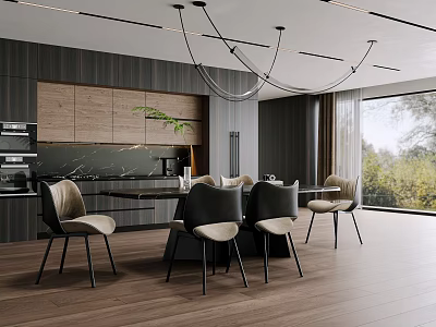 Modern Dining Room Open Layout With Kitchen Island Table Chairs And Pendant Lights 3d model