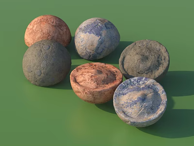 Stone and Wood Decorative Objects with Spherical and Bowl Shaped Textured Surfaces 3d model