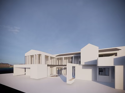 Elegant Modern White Guesthouse Building Featuring Large Glass Windows Open Design And Terrace 3d model