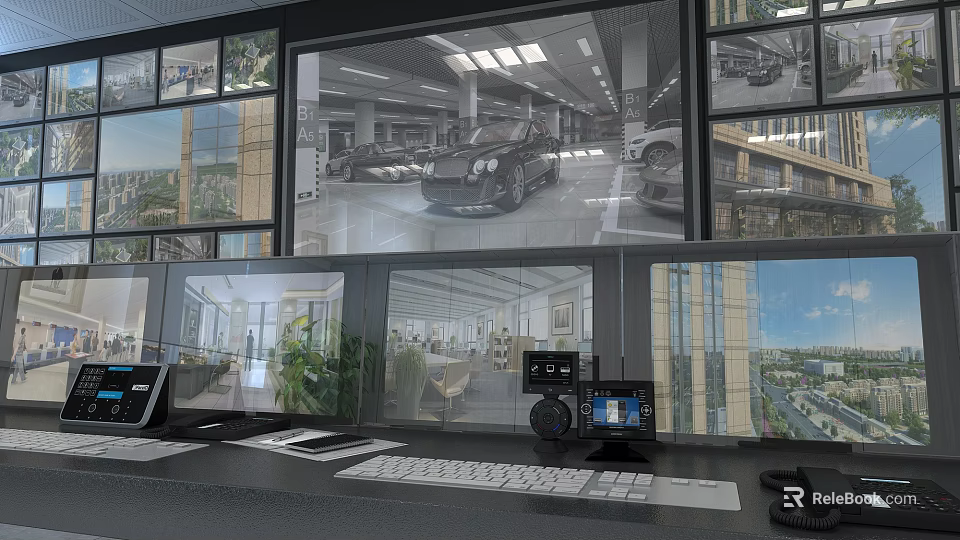 Computer Control Center Setup With Multiple Screens Displaying Various Scenes And Devices 3d model 