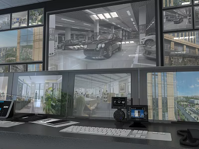 Computer Control Center Setup With Multiple Screens Displaying Various Scenes And Devices 3d model