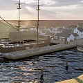 Island Garden Landscape with White Cliffs Green Grass Houses Pier and Lighthouse by Water