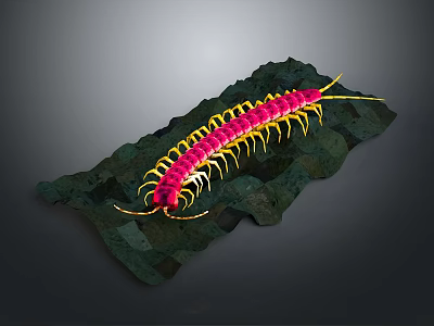 Detailed Pink Centipede With Yellow Legs On Green Rocks Surface 3d model
