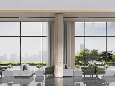 Bright Modern Sales Office Reception Space With Full View Glass Windows And Comfortable Sofas 3d model