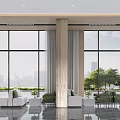 Bright Modern Sales Office Reception Space With Full View Glass Windows And Comfortable Sofas